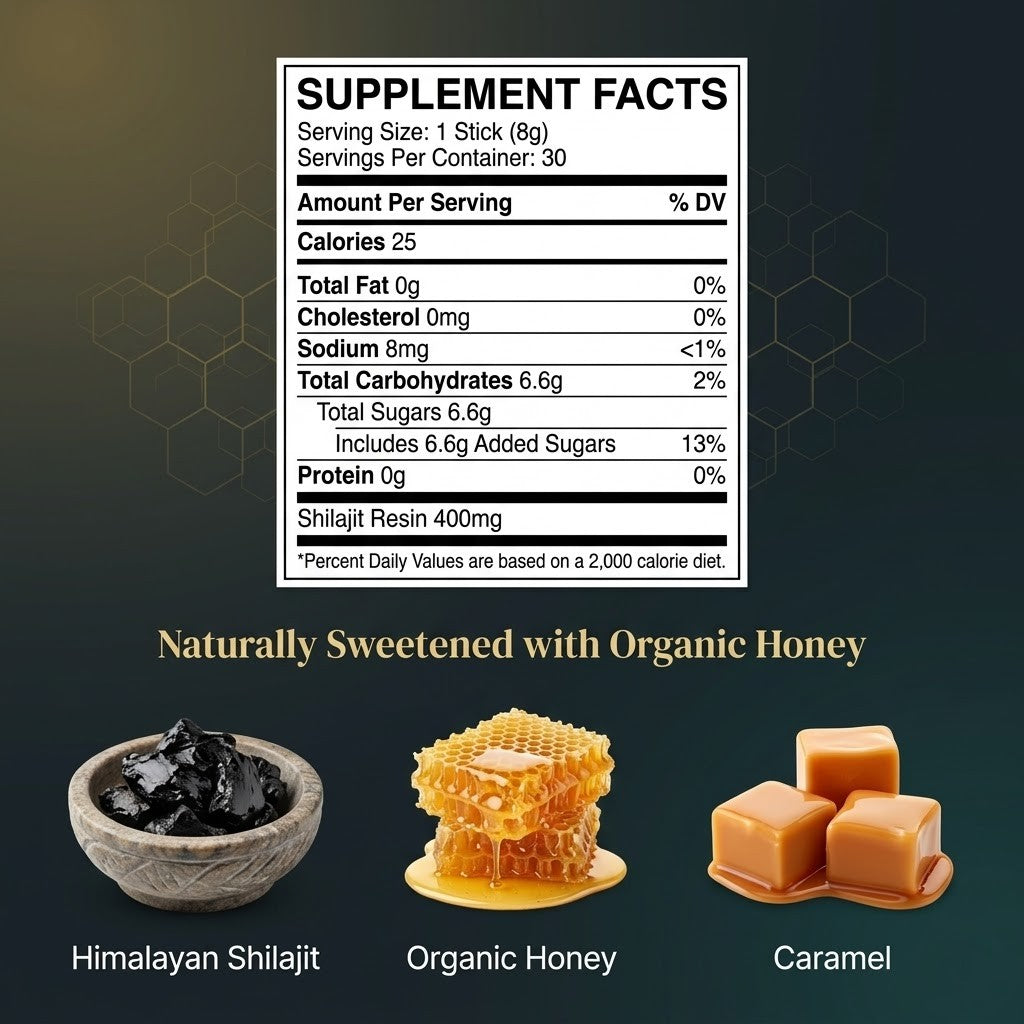 Himalayan Shilajit Honey Sticks — Caramel Flavor | Pure Resin, 75%+ Fulvic Acid, Lab-Tested