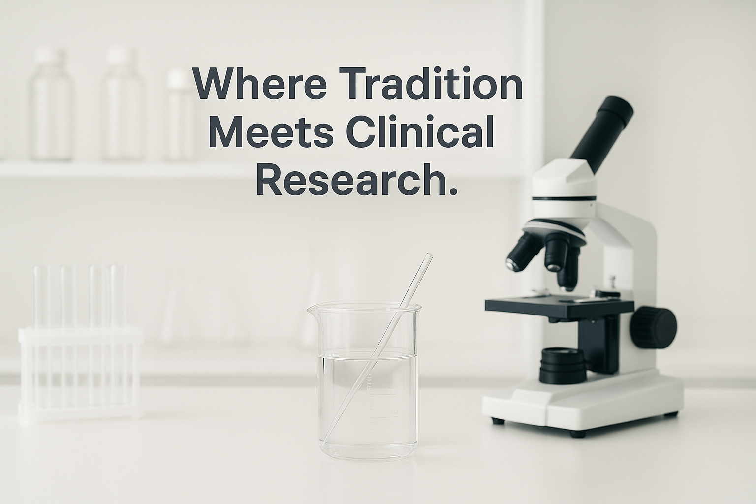 Microscope on a white surface with text 'Where Tradition Meets Clinical Research' on a white background