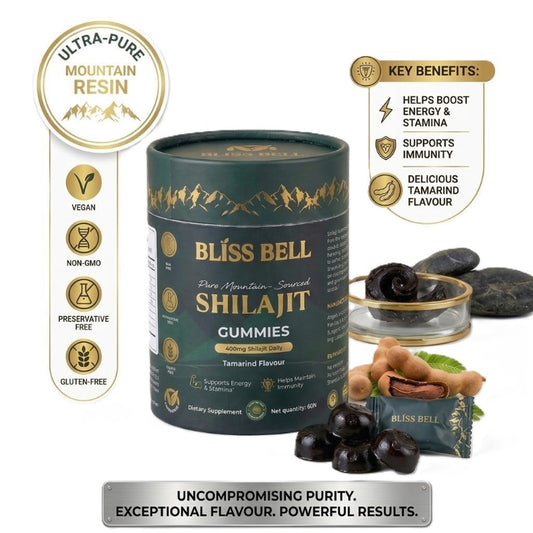 Bliss Bell Shilajit Gummies packaging with key benefits and product details on a white background